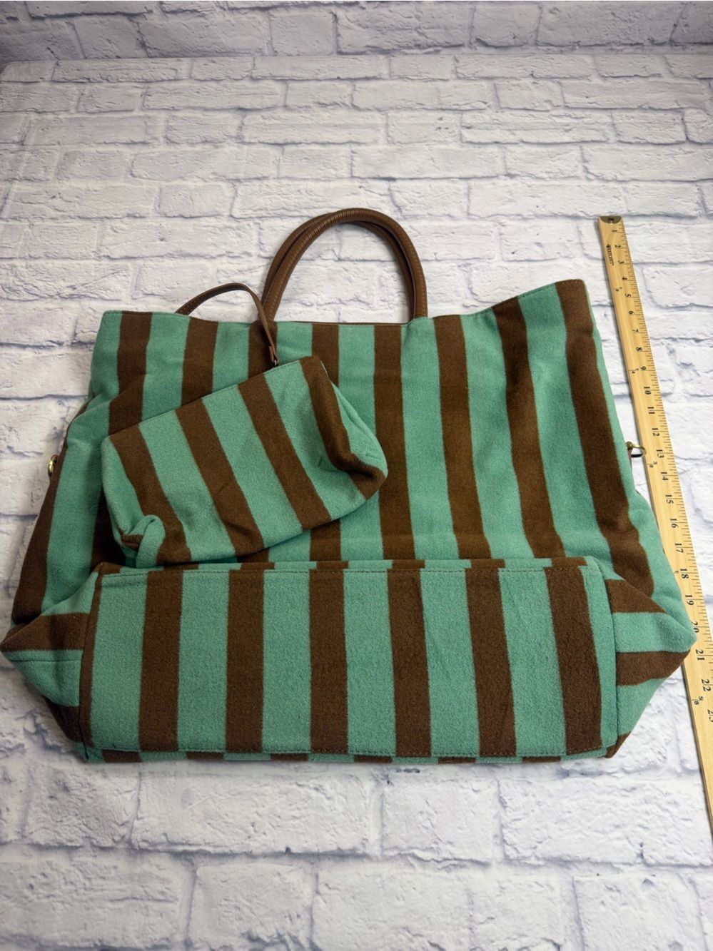 Anthropologie Teal and Brown Striped Shoulder Tote with Wristlet. Artsy. - Picture 8 of 12